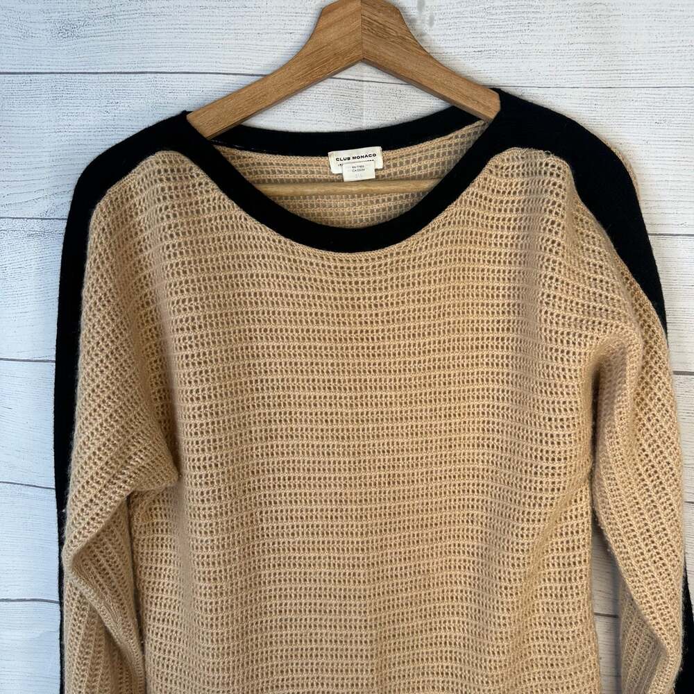 Club Monaco Women size Small Italian Cashmere Open Knit Sweater Camel Black - Picture 3 of 8